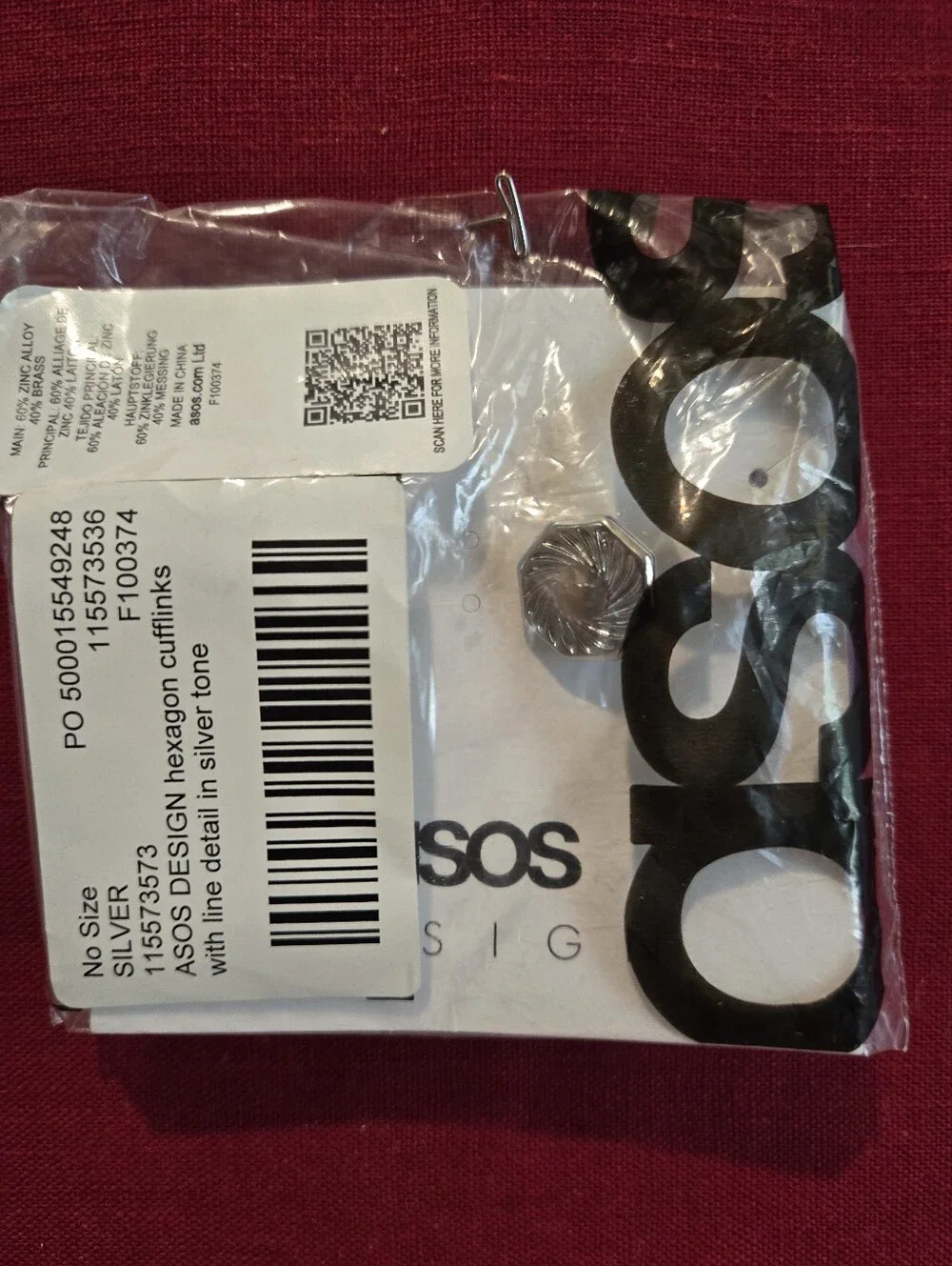 ASOS Design Silver Octagon Textured Cuff Links